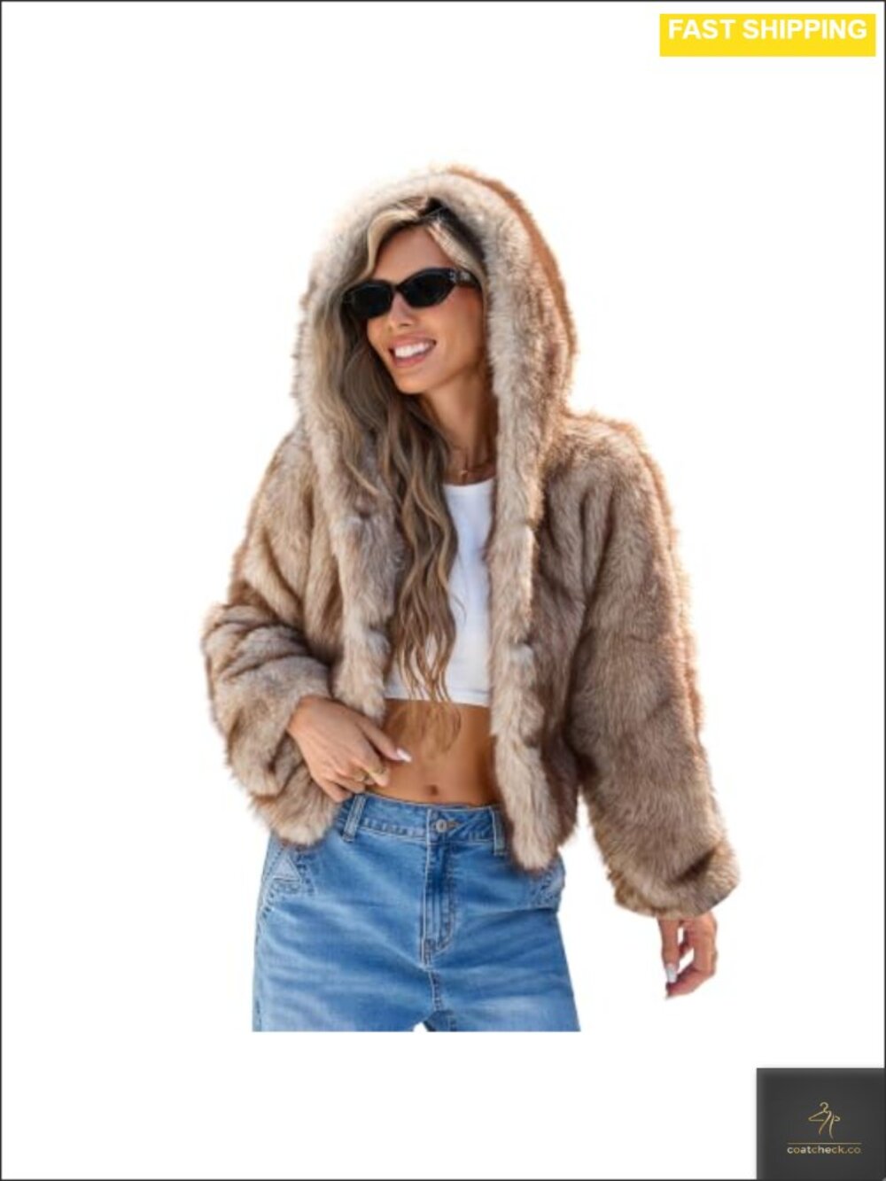 Womens Cropped Faux Fur Coat with Hood Open Front Fluffy Jacket